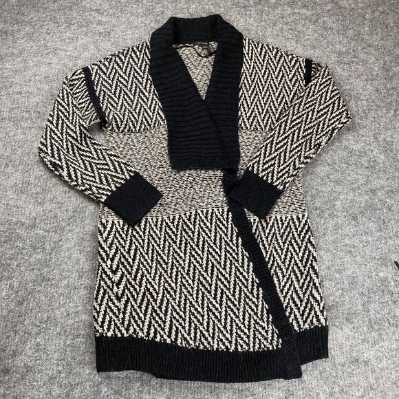 DKNY Sweater Women Large Alpaca Black White Cardigan Open Front Shawl Neck - Picture 1 of 10